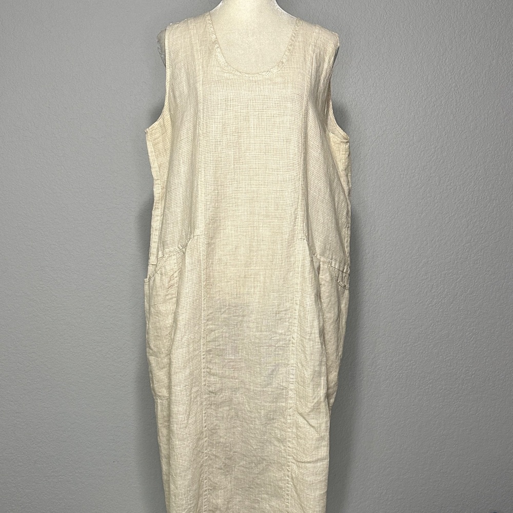 Flax Jeanne Engelhart Linen Maxi Dress Tunic in Light Beige Check Sleeveless M